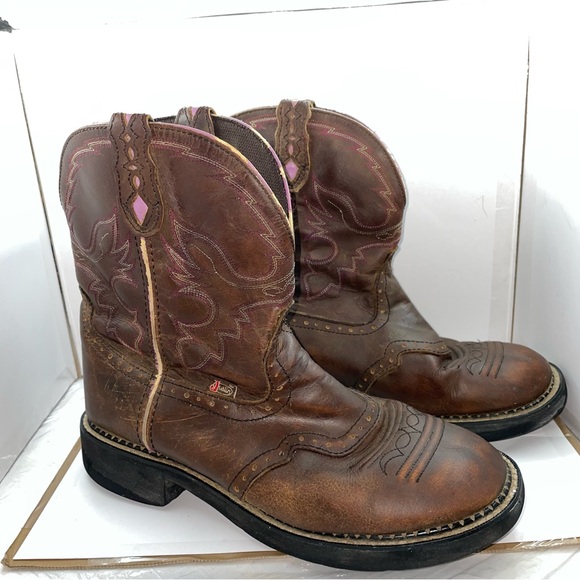 Justin Boots Other - Brown Leather Western Boots with Pink Accents